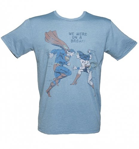 Men's Vintage Blue Superman And Wonder Woman On A Break T-Shirt From