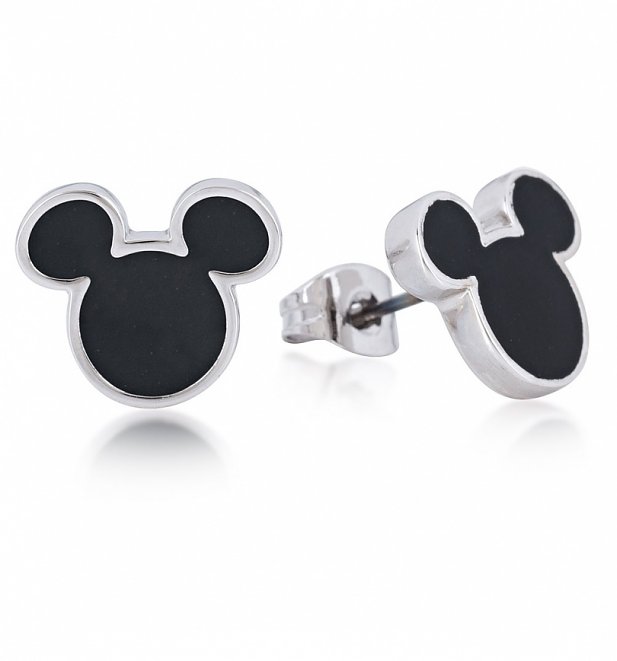 White Gold Plated Mickey Mouse Black Enamel Stud Earrings